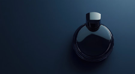 Black perfume bottle on a dark blue background with copy space, close-up view. Modern luxury men's or women's perfume mock-up. Top-down view. High-resolution photography, insanely detailed, fine details, stock photo, professional color grading, hyper-realistic. --ar 128:71 --v 6.1 Job ID: 23ccdd2a-7df3-4b69-aea7-8adb8b200956の素材