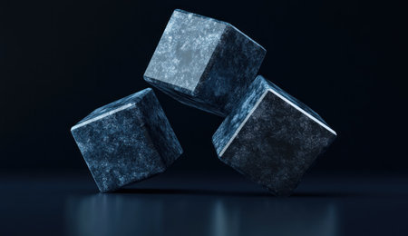 Blue background with three cubes, simple shapes, 3D rendering, minimalism, dark blue and black color scheme, high resolution, high quality, high detail, high contrast, sharp focus, wide-angle lens, professional photography, high dynamic range, natural light, studio lighting. --ar 26:15 --v 6.1 Job ID: ae269504-4d52-42eb-9c35-df5c50ee7cadの素材