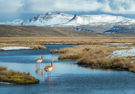 In the Alaida Valley, with its unique topography and wetland environment, guanacos graze on swaying saltmarsh grasses near salt marshlands. The high evaporation water level of Guanaco Island sets off the blue water surface and is surrounded by snow-covered grasslands. It is covered in dense mossy vegetation that adds to its natural beauty. This scene captures animals such as gulls and flamingos in their habitat. In this photo taken from an elevated perspective, you can see two flamingos. --ar 22:15 --v 6.1 Job ID: 5de9b4a6-4f01-486f-bc64-0dbe4adb42c9の素材