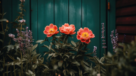 Photograph of orange peonies and lavender against the background of an emerald green wooden door, high-quality photograph. --chaos 30 --ar 16:9 --v 6.1 Job ID: 2189a9b3-dae4-440f-9098-a08007effcc0の素材