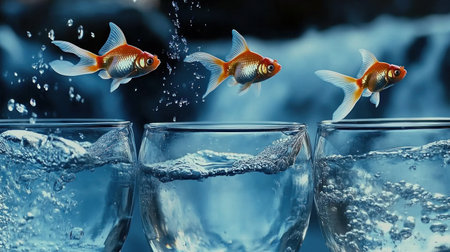 Goldfish jumping from one fishbowl to another, symbolizing the idea of taking action and working towards goals or striving for success. The background is simple with blue tones, creating an atmosphere that reflects determination and challenges. This is an ultra-realistic photograph captured with a high-resolution 20-megapixel Hasselblad H6D camera. --chaos 30 --ar 16:9 --v 6.1 Job ID: 2e7350fa-67a6-4c97-8c97-504a9c7d4003の素材