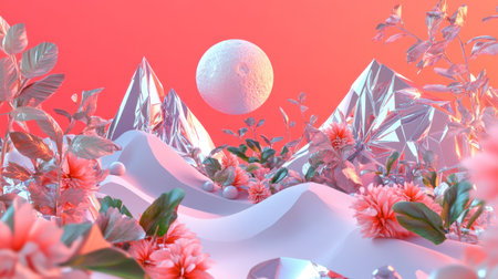 White desert with mountains, plants and moon in the sky, pastel pink background, white sand dunes, futuristic style, C4D rendering, geometric composition, perspective effect, high saturation, peach tone, sense of space. White mountain landscape with plants and full sun in the sky, futuristic design, C4d rendering, geometrical layout, surreal feeling, coral color, white sand dune landscape with mountains, plants and moon in the sky, peach tone, high contrast, --chaos 30 --ar 16:9 --v 6.1 Job ID: 0e92260b-3b2b-45de-b57e-1e4d1c69bdf2の素材