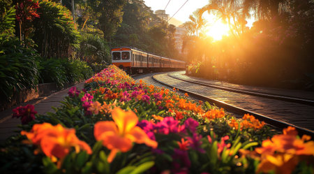 A train is moving along the tracks, surrounded by colorful flowers and lush greenery. The sun sets in the background casting long shadows on the ground, creating an atmosphere of tranquility and beauty. In front of it lies the track with its metal lines leading into darkness. This scene evokes feelings of calmness and harmony., photography shot , high resolution photo quality, no text or letters in picture --ar 128:71 --v 6.1 Job ID: 29a44d6c-817f-469e-97c8-4ffbcb9b2bc2の素材