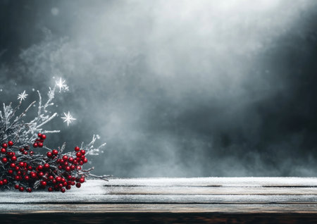 Elegant Christmas background with a wooden table and snow, silver stars, red berries, misty light effects, a dark gray backdrop, and festive decorations. --ar 7:5 --v 6.1 Job ID: 58e35166-6e1f-4ce7-af6d-7ba6048e4f18の素材