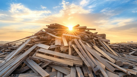 Pile of cut wood against a blue sky with the sun, panoramic banner, panoramic view. Pile of cut wood in the style of P_blades, UNDER_027843. --chaos 30 --ar 16:9 --v 6.1 Job ID: 9af7c81e-8914-4361-8d52-8dee447794daの素材