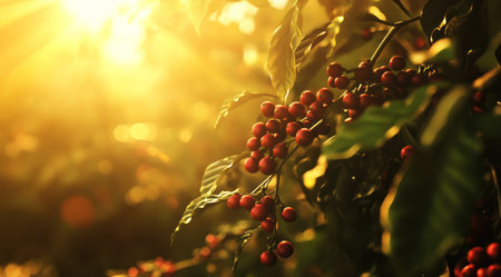 Close-up of coffee berries on the background of a sunset in Brazil, high-resolution photography, high detail, hyper-realistic, cinematic lighting, warm light, sun rays, photorealism, soft natural colors. --ar 128:71 --v 6.1 Job ID: 288e56eb-27e5-4d85-b202-dc4bd2aabc99の素材
