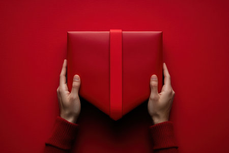 Hands holding a heart-shaped gift box on a red background, top view with copy space for a Valentine's Day celebration concept. Man's hands opening a large red present, isolated on a white background in a minimalistic style. This stock photo was the winner of a contest, an award-winning photography piece. --ar 3:2 --v 6.1 Job ID: 6c93d86c-3c31-48d9-bdfc-9af7e12896e4の素材