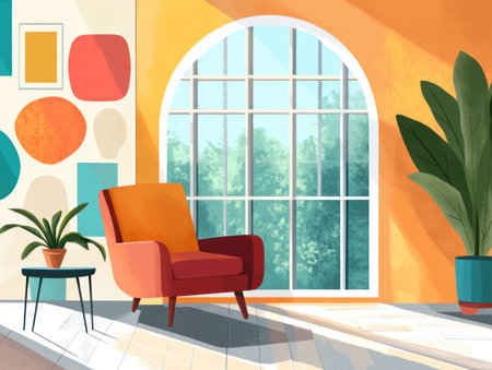 A vibrant and colorful room with large windows, featuring an armchair in the center of it, adorned with wall decor, an arched door leading to another space, and a side table placed in one corner. The walls feature geometric shapes like circles and squares, adding visual interest. A potted plant sits beside the window, adding greenery and enhancing the overall aesthetic. This scene captures the essence of modern interior design with bright colors and contemporary furniture elements. --ar 4:3 --v 6.1 Job ID: 7da97199-b733-492b-89d0-ba2c8956655fの素材