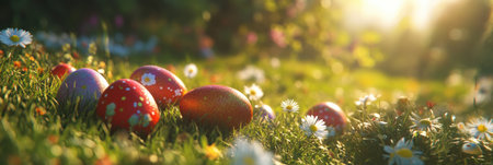Colorful Easter eggs in the grass with copy space on the background, an Easter banner template with space for text, a spring concept, colorful eggs on a green meadow, sun rays, daisies, and wild flowers, in a wide format. --ar 89:30 --v 6.1 Job ID: e40cc226-2260-4c46-bac3-726e4257300aの素材