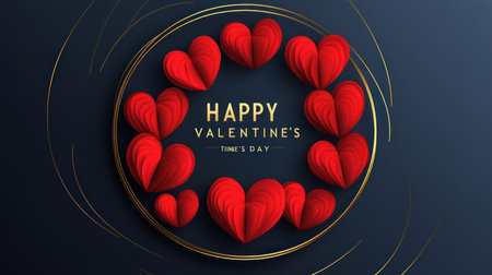 Happy Valentine's Day background with elegant red paper hearts and a golden line frame on a blue backdrop. Vector illustration or logo design template, with the text "HAPPY VALENTINE'S DAY" written in the middle of a circular shape. --chaos 30 --ar 16:9 --v 6.1 Job ID: 1b9aba8b-a1cc-4559-abb5-978683246000の素材