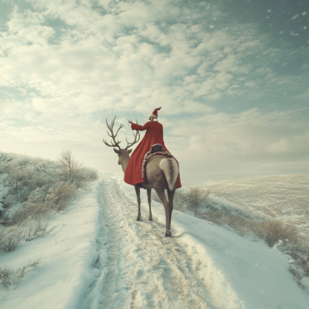 A woman in red rides on the back of an animal with antlers along her path, pointing to something in the distance, a snowy field and sky, realistic photography, distant view, surrealism, minimalism, soft tones, light background, large aperture. --v 6.1 Job ID: 8bd09d5b-8025-453f-a0f4-2802dd93169eの素材