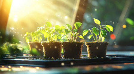 Close-up of young plants in pots on a black plastic tray with green leaves growing inside a modern greenhouse. Sun rays and a bokeh effect create a macro photography scene. --ar 128:71 --v 6.1 Job ID: e2076192-4dd8-4802-a038-af7d038c2f15の素材