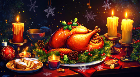 Christmas dinner with turkey, a cartoon-style illustration, Christmas background with candles and garland decoration, warm colors, cozy winter atmosphere, vector graphics, high resolution, detailed background, digital painting, high quality, high definition. --ar 128:71 --v 6.1 Job ID: 4c956bbd-e70f-4e56-985e-707dc73ac35fの素材