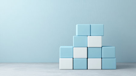A simple composition of blue and white cubes on a light grey background, a 3D rendering illustration. A minimalist style with geometric shapes. A concept for digital marketing or a business vector presentation design element. Isolated objects. --chaos 30 --ar 16:9 --v 6.1 Job ID: 0bfa33e0-855c-4660-8275-83ea6d359837の素材