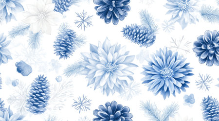 Christmas seamless pattern with blue and white pine cones, snowflakes, chrysanthemums on a light background, winter floral design, elegant watercolor art style, fine details, detailed, high resolution, high quality, high detail, hyperdetailed, hyperrealistic, hyper-realistic, hyper-detailed colors, bright colors, soft lighting, beautiful, cute, lovely. --ar 128:71 --v 6.1 Job ID: 891e2e52-2fe3-4516-a305-135bc2d9177bの素材