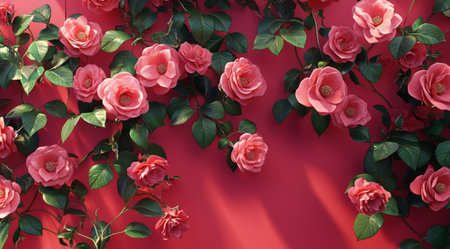 A wall of vibrant pink roses, with lush green leaves, rendered in a realistic and cinematic style against a bright red background. The image is colorful, playful, and cheerful, created using Octane Render for a high-resolution photographic effect with an insane level of detail. --ar 128:71 --v 6.1 Job ID: c53b5ce8-c4e1-4809-8c09-2cafce6538c6の素材