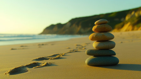 Photo of a balanced stack of stones on smooth sand with raked lines in the background, symbolizing balance and meditation for Zen garden design. Web banner with copy space on the left side. --chaos 30 --ar 16:9 --v 6.1 Job ID: cf14de83-926b-4000-9d39-cbd559899bf6の素材