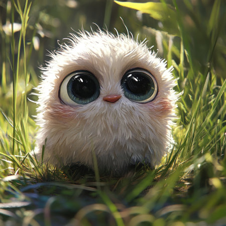 Cute, fluffy, furry creature with big eyes, in the style of Pixar, in the style of Disney cartoon, cute little animal in the grass, trending on ArtStation, concept character design, portrait, digital painting, fantasy world background, soft lighting, natural colors, detailed fur texture, smiling face, high resolution, super detailed, super sharp. --v 6.1 Job ID: b9e40f71-7d2f-415d-a45b-7b8ce2b1136dの素材