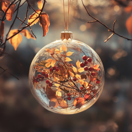 A transparent glass ornament, decorated with red and gold berries, light orange leaves, dark brown twigs, and golden metallic flowers inside the ball-shaped decoration hanging from an outdoor tree branch. The background is blurred to focus on the intricate details of each element in the clear glass sphere. Soft sunlight filters through, casting gentle shadows over the scene. This artistic creation creates a beautiful contrast between warm colors and cool lighting, evoking a sense of serene beauty. --v 6.1 Job ID: 97e327c9-4cf8-4545-9093-d4bbf9cc4178の素材