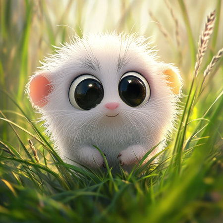 Cute, fluffy, furry creature with big eyes, in the style of Pixar, in the style of Disney cartoon, cute little animal in the grass, trending on ArtStation, concept character design, portrait, digital painting, fantasy world background, soft lighting, natural colors, detailed fur texture, smiling face, high resolution, super detailed, super sharp. --v 6.1 Job ID: b9e40f71-7d2f-415d-a45b-7b8ce2b1136dの素材