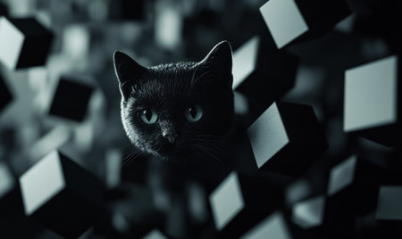 Abstract black background with cubes and squares, 3D rendering, minimalistic design, monochrome palette, blurred edges, floating shapes, depth of field effect, high resolution. --ar 5:3 --v 6.1 Job ID: 3128b528-22eb-42d4-9c27-48e937dcea78の素材