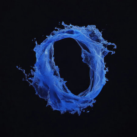 A blue water splash in the shape of an O against a black background. --v 6.1 Job ID: e18cbf08-4515-4c06-9abb-fd24822272d3の素材