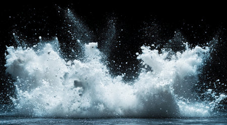Black background, white and blue powder explosion, studio photography, wide-angle lens, high contrast, high saturation, dynamic motion blur effect, intense visual impact, water droplets splashing around the scene, creating an atmosphere of energy. --ar 128:71 --v 6.1 Job ID: 841e5115-193a-426d-af51-8e63aac6a530の素材