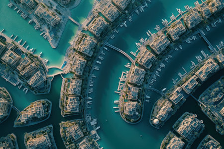 An aerial view of the Palm Islands in Dubai, showing their unique architectural design with multiple interconnected islands and buildings. The cityscape is surrounded by turquoise waters and blue skies, creating an impressive panorama of modern architecture and luxury living. --ar 3:2 --v 6.1 Job ID: 2b2b8d82-853f-40cc-9418-a922decdfb42の素材