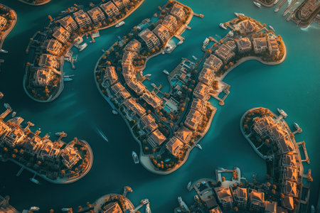 An aerial view of the Palm Islands in Dubai, showing their unique architectural design with multiple interconnected islands and buildings. The cityscape is surrounded by turquoise waters and blue skies, creating an impressive panorama of modern architecture and luxury living. --ar 3:2 --v 6.1 Job ID: 2b2b8d82-853f-40cc-9418-a922decdfb42の素材
