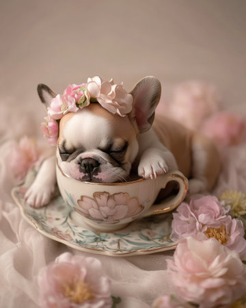 Cute, adorable baby French Bulldog sitting inside an oversized cup with latte art, wearing a flower headband and sleeping on the plate surrounded by pastel-colored flowers, in a hyper-realistic photography style. --ar 51:64 --v 6.1 Job ID: 48511fab-72fe-4161-b5bc-68c99e9cd6a9の素材