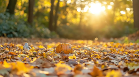 Autumn background with a pumpkin on colorful autumn leaves in a forest at sunrise. Halloween and autumn concept, with copy space for a banner for a Halloween party invitation or menu design. --chaos 30 --ar 16:9 --v 6.1 Job ID: 2b3c1e0c-d2a6-4084-9dca-0f78d4189616の素材