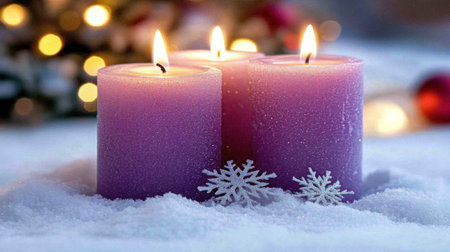 Three purple candles on snow, Christmas decorations, snowflakes, and glowing lights in the background. Photo-realistic landscapes, soft edges, blurred backgrounds, vibrant colors, a Christmas atmosphere, a bright blue sky, twinkling stars, and rays of sunlight shining through the trees. Colors include white, red, green, and yellow. --chaos 30 --ar 16:9 --v 6.1 Job ID: 2a84c6be-b38c-4963-9227-9e00904e5d7fの素材