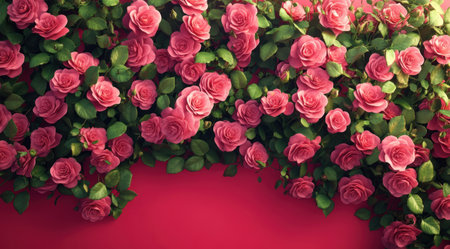 A wall of vibrant pink roses, with lush green leaves, rendered in a realistic and cinematic style against a bright red background. The image is colorful, playful, and cheerful, created using Octane Render for a high-resolution photographic effect with an insane level of detail. --ar 128:71 --v 6.1 Job ID: c53b5ce8-c4e1-4809-8c09-2cafce6538c6の素材