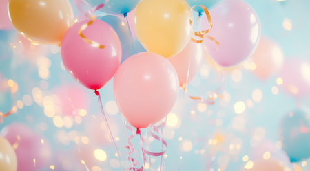 Colorful balloons and ribbons on a pastel background with bokeh lights, perfect for a birthday party or other events. --ar 128:71 --v 6.1 Job ID: 0f609305-16c4-4d14-91cd-30debfdfa550の素材