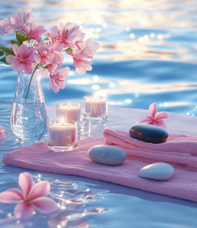 An idyllic spa scene by the water, featuring tranquil blue waters, exotic flowers in vases with candles and massage stones on an elegant tablecloth, with pink towels draped over the edges, capturing the essence of relaxation and luxury. The background features sparkling sea waves under the evening sun, creating a serene atmosphere for self-care and well-being. --ar 13:15 --v 6.1 Job ID: d8ad57d2-4bef-4e88-9018-8e586eb0425dの素材