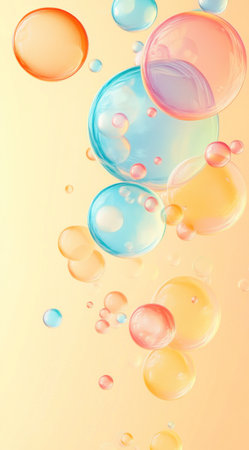 Abstract background with colorful bubbles, light orange and sky blue gradient color scheme, light yellow solid background, vector illustration style, clean lines, high-definition details, best quality, super resolution, bright colors, circular composition, harmonious color combination. --ar 71:128 --v 6.1 Job ID: 264a181a-e7c4-4672-a306-3455915ef215の素材