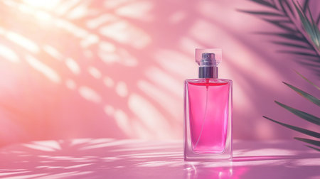 Beautiful pink background with shadows and blurred palm leaves. A bottle of perfume stands on the table, in close-up. Bright sunlight shines through the glass, creating beautiful reflections. The composition is balanced, with the product in sharp focus against a soft pastel backdrop. It creates an atmosphere of luxury and elegance. High-resolution photography, professional color grading, clear sharp focus, intricate details, advertising photography in the style of a professional photographer. --chaos 30 --ar 16:9 --v 6.1 Job ID: 01ddd6b4-caa3-4741-8387-67ab4fd36dbaの素材