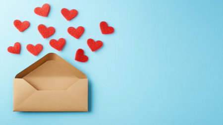 An envelope with red hearts flying out of it on a light blue background, in a flat lay, close-up. --chaos 30 --ar 16:9 --v 6.1 Job ID: 69de523a-50c0-4a99-abc4-18ffd9363550の素材