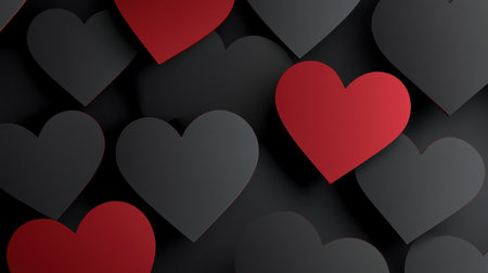 Black background with red hearts, paper-cut style, dark gray and black color scheme, high resolution, simple composition. --chaos 30 --ar 16:9 --v 6.1 Job ID: 86f58a32-2b46-4f83-bccc-394f0b5c9201の素材