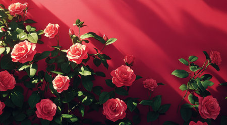 A wall of vibrant pink roses with lush green leaves, set against a plain background, leaving ample copy space. The image is highly realistic, with a hyper-realistic and highly detailed appearance, captured through high-resolution photography. The lighting is cinematic, creating a sense of volumetric light, and the overall scene is set against a red wall background, presented in a flat lay composition. --ar 128:71 --v 6.1 Job ID: 5590fdce-f088-428e-8e6b-05da5d6ba5abの素材