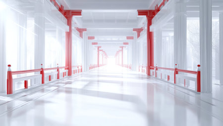 Abstract white background with a futuristic corridor and light rays. This background is suitable for presentations, banners, or cover designs. An abstract background of an empty, modern hall in a minimalistic style. A panoramic view from the floor to the ceiling. --ar 53:30 --v 6.1 Job ID: 22bf41ba-12ef-48e4-b074-8455560092d6の素材