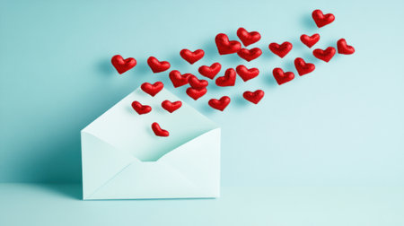 An open envelope with red hearts flying out of it on a light blue background, a Valentine's Day concept. A simple studio setting with soft lighting. A high-quality photo captured using an f/2 lens at 50mm and in the style of product photography. --chaos 30 --ar 16:9 --v 6.1 Job ID: 81e92441-0df8-4c39-82d9-703cea098283の素材