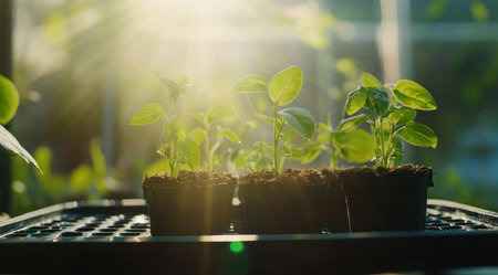 Close-up of young plants in pots on a black plastic tray with green leaves growing inside a modern greenhouse. Sun rays and a bokeh effect create a macro photography scene. --ar 128:71 --v 6.1 Job ID: e2076192-4dd8-4802-a038-af7d038c2f15の素材
