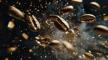 Coffee beans flying in the air, surrounded by smoke and sparks, against a dark background, in the style of hyper-realistic photography. --chaos 30 --ar 16:9 --v 6.1 Job ID: 33242f61-07d9-4868-8f50-ee766858f02eの素材