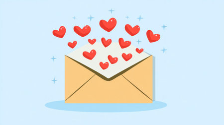 An envelope with red hearts flying out of it on a light blue background, in a flat lay arrangement. Love letter concept. --chaos 30 --ar 16:9 --v 6.1 Job ID: 1e101611-9977-43d8-88e0-8686388d8719の素材