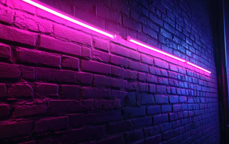 Dark brick wall background with neon lights in shades of purple and blue. --ar 8:5 --v 6.1 Job ID: 1dc1f913-1e6b-46c5-937c-65b506d497efの素材