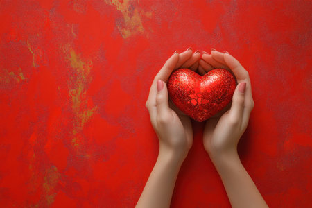 Female hands holding a heart-shaped gift box on a red background, top view with copy space for a Valentine's Day concept. Flat lay, stock photo with 2/3 space for text, photorealistic, studio shot, high detail. --ar 3:2 --v 6.1 Job ID: c1a7d732-d2e7-4801-9c95-377e450095b2の素材