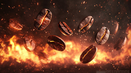 Coffee beans flying in the air, surrounded by smoke and sparks, against a dark background, in the style of hyper-realistic photography. --chaos 30 --ar 16:9 --v 6.1 Job ID: 33242f61-07d9-4868-8f50-ee766858f02eの素材