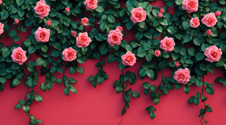 A wall of vibrant pink roses with lush green leaves, set against a plain background, leaving ample copy space. The image is highly realistic, with a hyper-realistic and highly detailed appearance, captured through high-resolution photography. The lighting is cinematic, creating a sense of volumetric light, and the overall scene is set against a red wall background, presented in a flat lay composition. --ar 128:71 --v 6.1 Job ID: 5590fdce-f088-428e-8e6b-05da5d6ba5abの素材