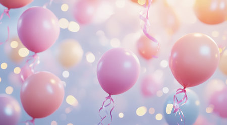 Colorful balloons and ribbons on a pastel background with bokeh lights. Birthday party decoration. Vintage-style illustration for a card, banner, or poster design. Copy space, high quality, with depth of field, ray tracing, and dramatic lighting. Nikon D850. --ar 128:71 --v 6.1 Job ID: 4e05e3e6-a1bb-4902-ae41-14ec7a1a61f6の素材